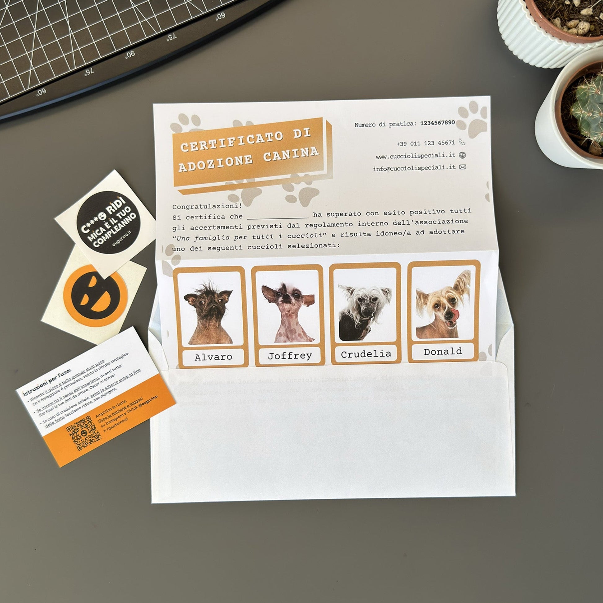 foto prodotto di augurino del finto voucher per adozione di cani diversamente belli con nomi stravaganti e divertenti