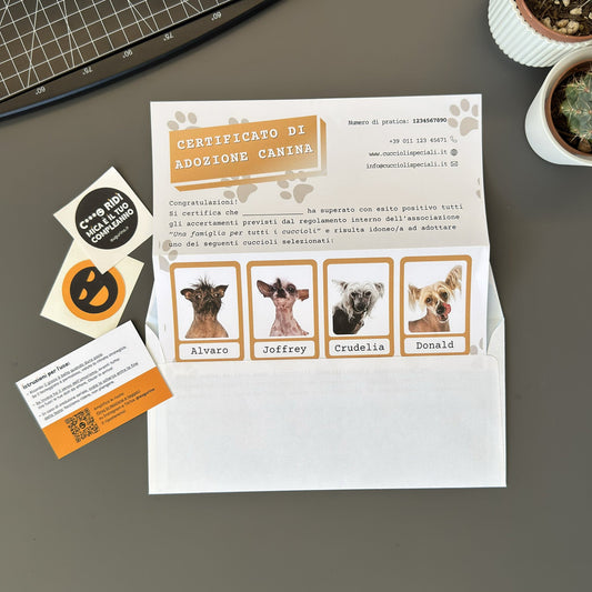 foto prodotto di augurino del finto voucher per adozione di cani diversamente belli con nomi stravaganti e divertenti