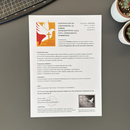 Foto di augurino del finto voucher per ammissione al percorso spirituale per diventare suora