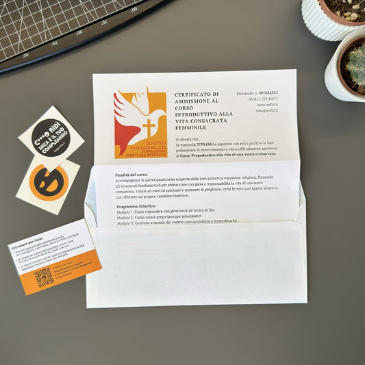 Foto di augurino del finto voucher per ammissione al percorso spirituale per diventare suora tenuto in mano