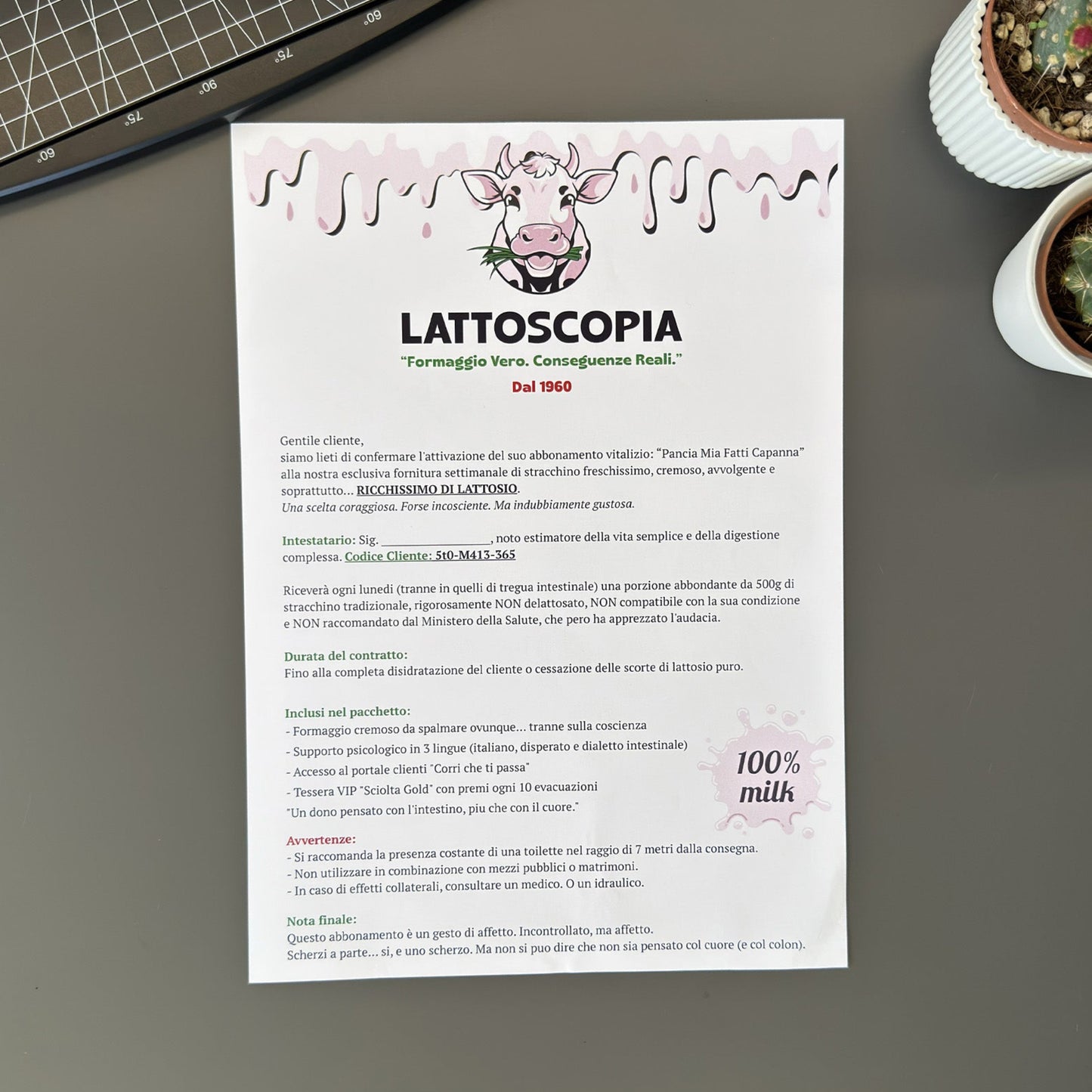 Foto prodotto del finto voucher per fornitura a vita di stracchino con lattosio per persone intolleranti al lattosio