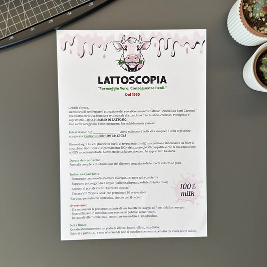 Foto prodotto del finto voucher per fornitura a vita di stracchino con lattosio per persone intolleranti al lattosio
