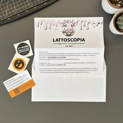 Foto prodotto del finto voucher per fornitura a vita di stracchino con lattosio per persone intolleranti al lattosio con busta