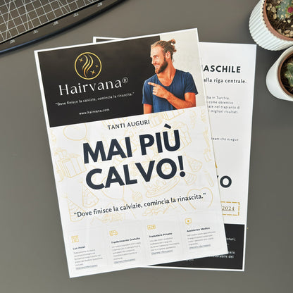 Foto prodotto finto voucher ironico di Augurino tenuto tra le mani per trapianto di capelli, con scritta ‘Mai più calvo’.