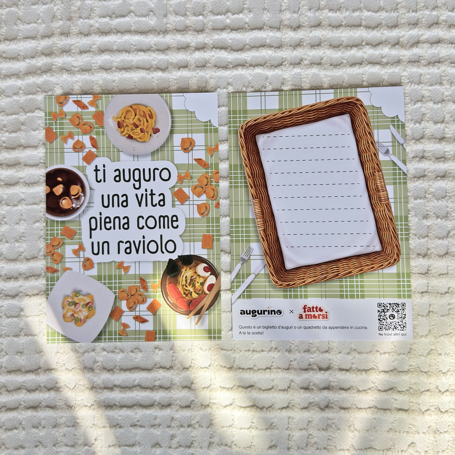 foto biglietto con scritta Ti auguro una vita piena come un raviolo (fronte e retro)