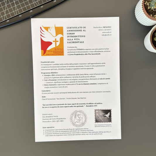 Foto prodotto di augurino del finto voucher per ammissione al percorso spirituale per diventare sacerdoti
