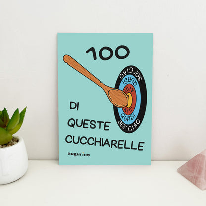 foto fronte biglietto di auguri per la mamma con disegno tiro a segno e cucchiarella