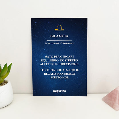 foto fronte biglietto di auguri segno zodiacale bilancia con scritta ironica